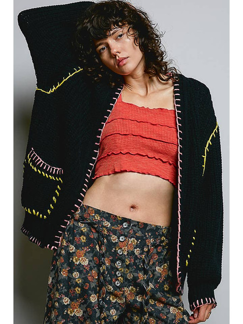 POL Black Blanket Stitch Cardigan
