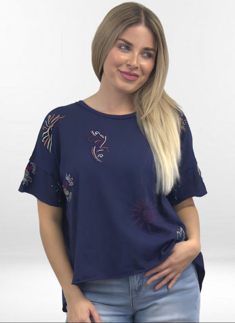 Kyla Seo Indigo Doodle Embroidered Top