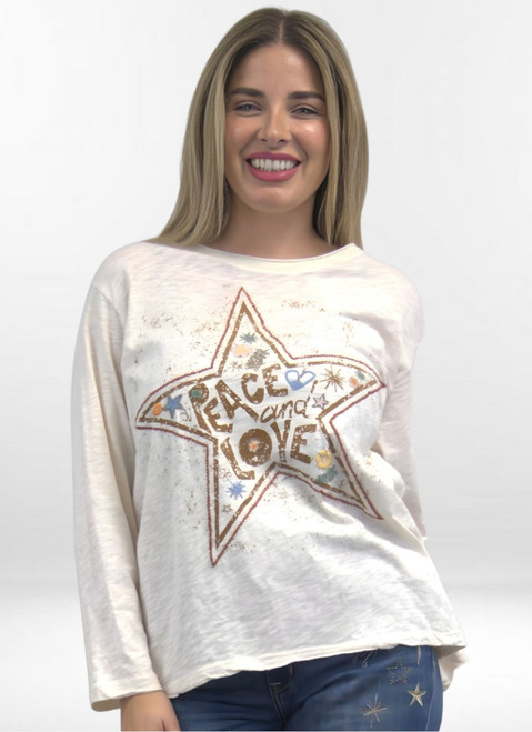 Kyla Seo Oatmeal Cotton Peace & Love Embroidered Top