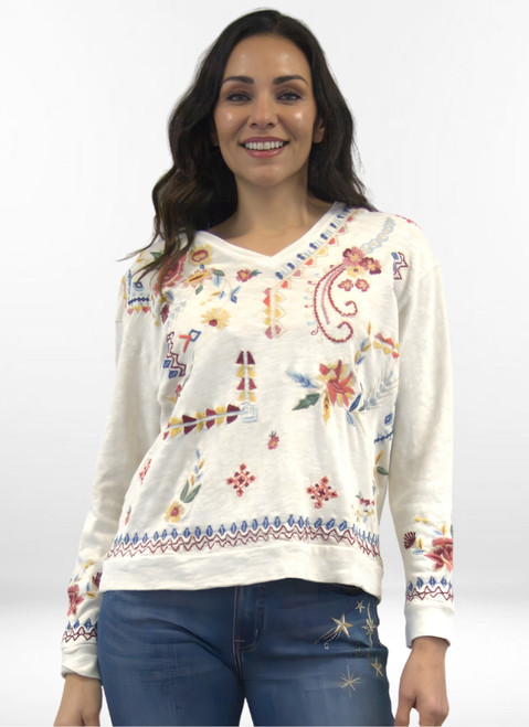 Caite Oatmeal Cotton Rib Embroidered Top