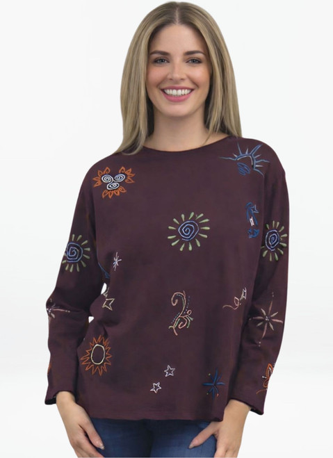 Kyla Seo Oxblood Cotton Doodle Embroidered Top