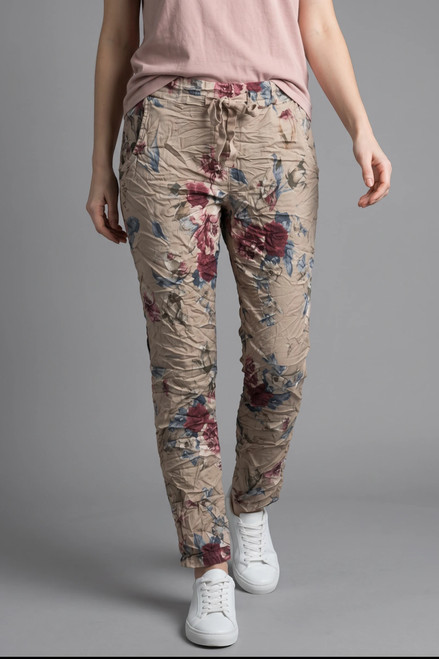 Tempo Paris Beige Floral Crinkle Pull-On Pants