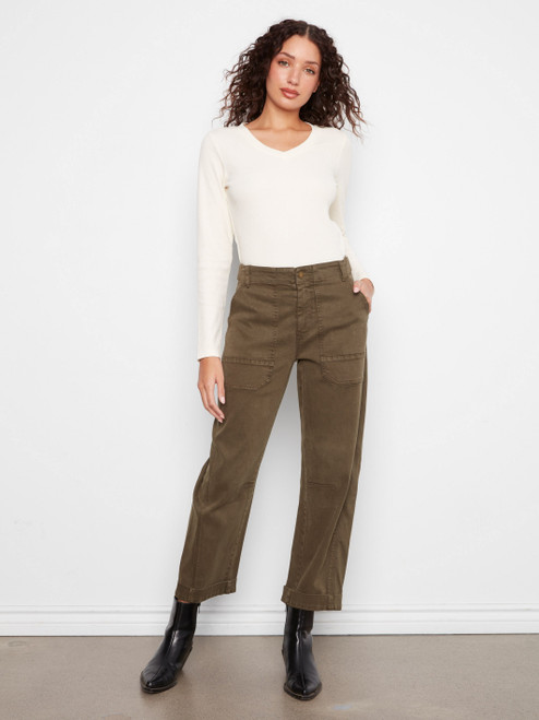 Charlie B Olive Twill Barrel Crop Pant