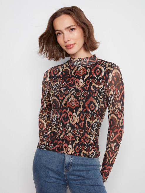 Charlie B Ikat Mesh Mock Neck Top