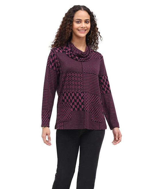 Parsley & Sage Plum Grid Cowl Neck Top