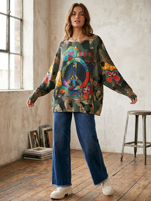 LOOWIE Olive Camo Peace Printed Sweater