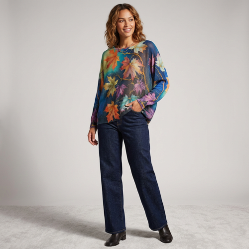 LOOWIE Blue Maple Leaf Printed Sweater