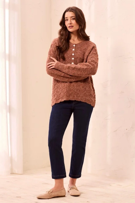 Tribal Mocha Textured Scallop Hem Henley Sweater