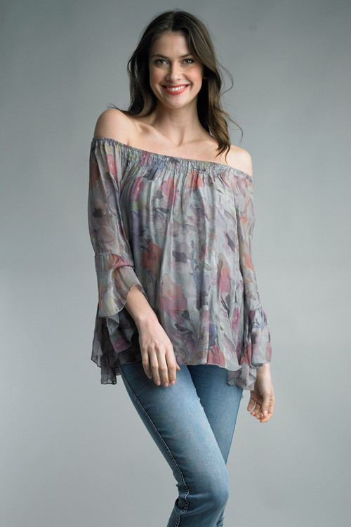 Tempo Paris Grey Floral Silk Off-the-Shoulder Blouse - New Moon