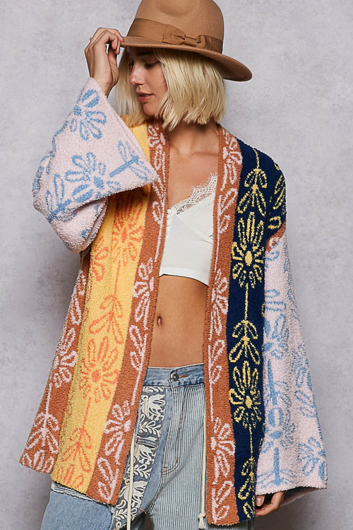 POL Floral Stripe Berber Open Cardigan - New Moon Boutique