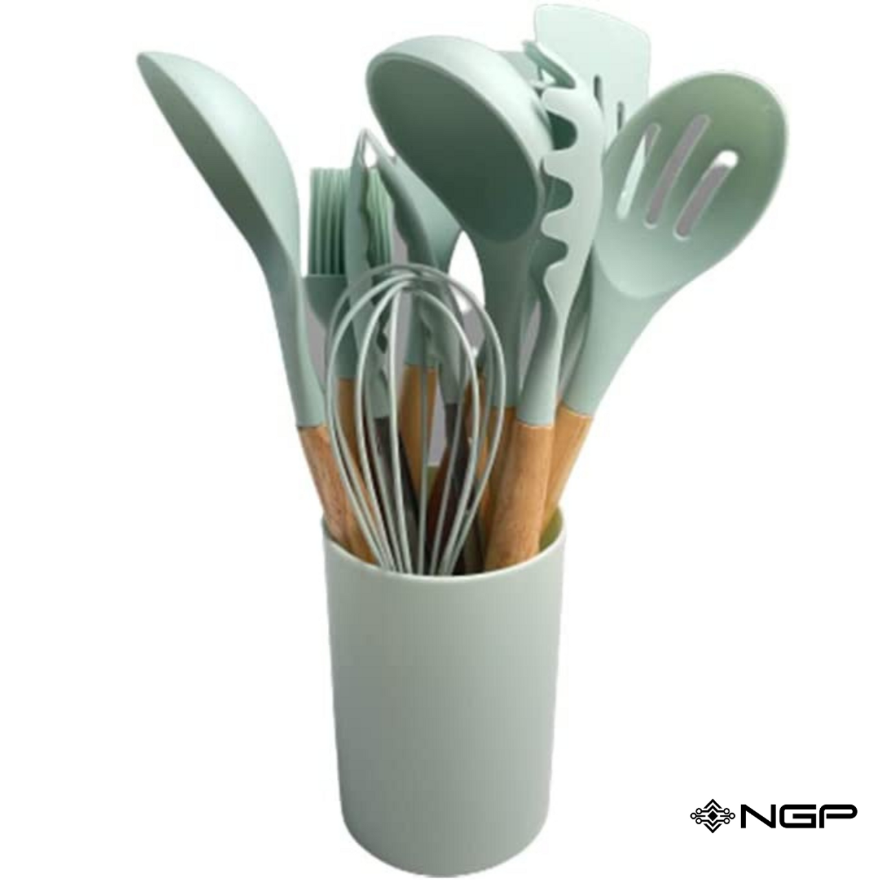 NGP Wooden Handles Kitchen Utensils 12 pcs, Silicone Cooking Utensils Set  Dishwasher Safe, up to 446°F Heat Resistant, BPA Free, Spatula Set Nonstick