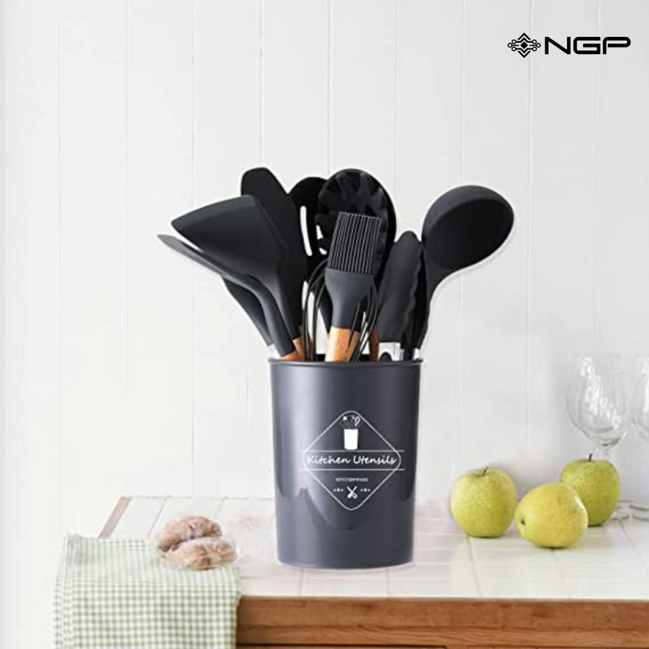 NGP Wooden Handles Kitchen Utensils 12 pcs, Silicone Cooking Utensils Set  Dishwasher Safe, up to 446°F Heat Resistant, BPA Free, Spatula Set Nonstick