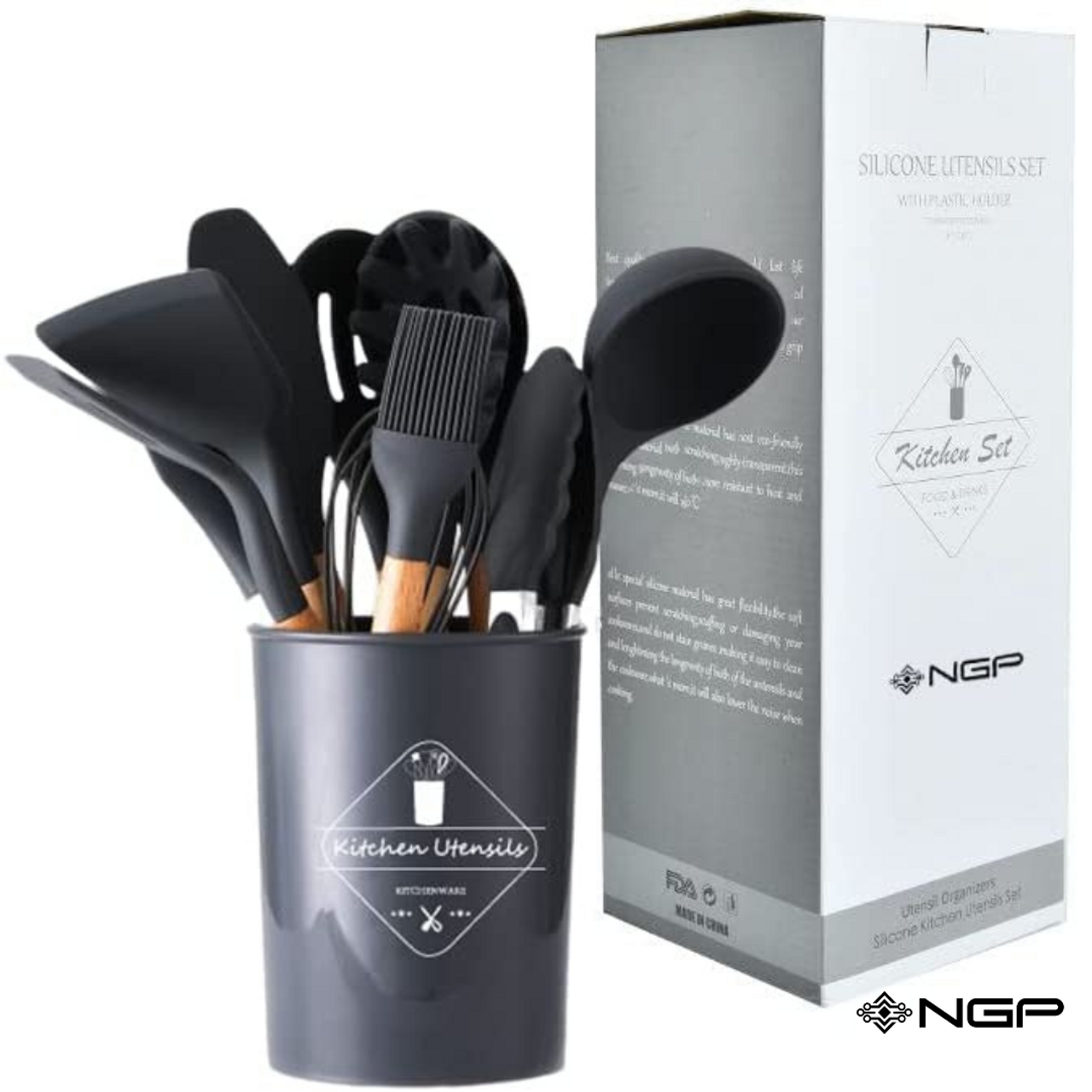 NGP Wooden Handles Kitchen Utensils 12 pcs, Silicone Cooking Utensils Set  Dishwasher Safe, up to 446°F Heat Resistant, BPA Free, Spatula Set Nonstick