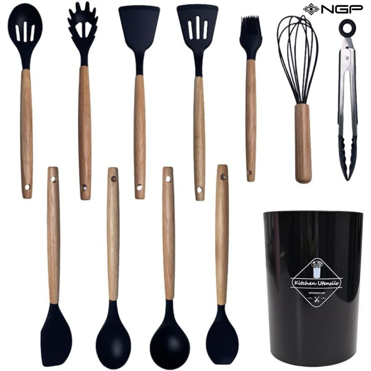 NGP Wooden Handles Kitchen Utensils 12 pcs, Silicone Cooking Utensils Set  Dishwasher Safe, up to 446°F Heat Resistant, BPA Free, Spatula Set Nonstick