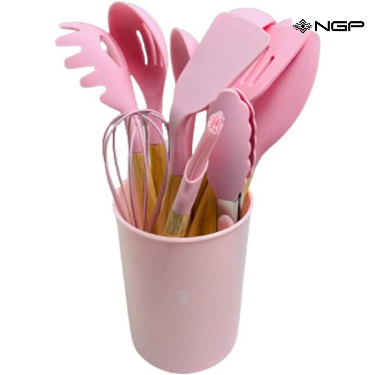 9 Piece Pink Colored Silicone Kitchen Utensils Set with Wooden