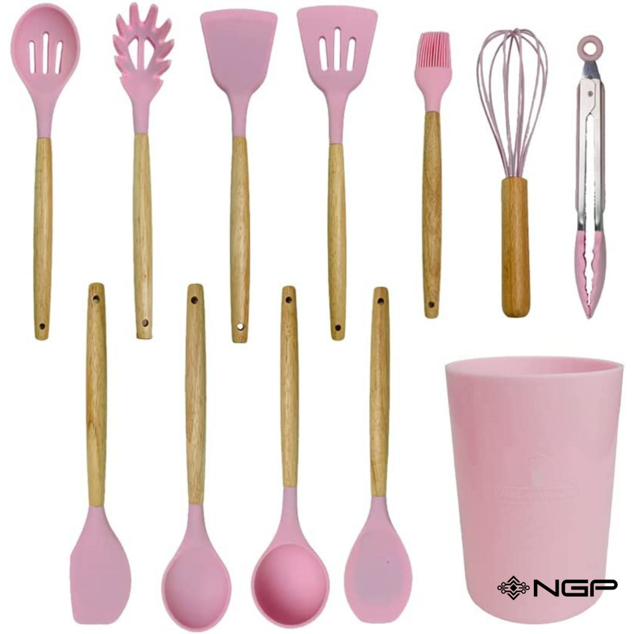 NGP Wooden Handles Kitchen Utensils 12 pcs, Silicone Cooking Utensils Set  Dishwasher Safe, up to 446°F Heat Resistant, BPA Free, Spatula Set Nonstick