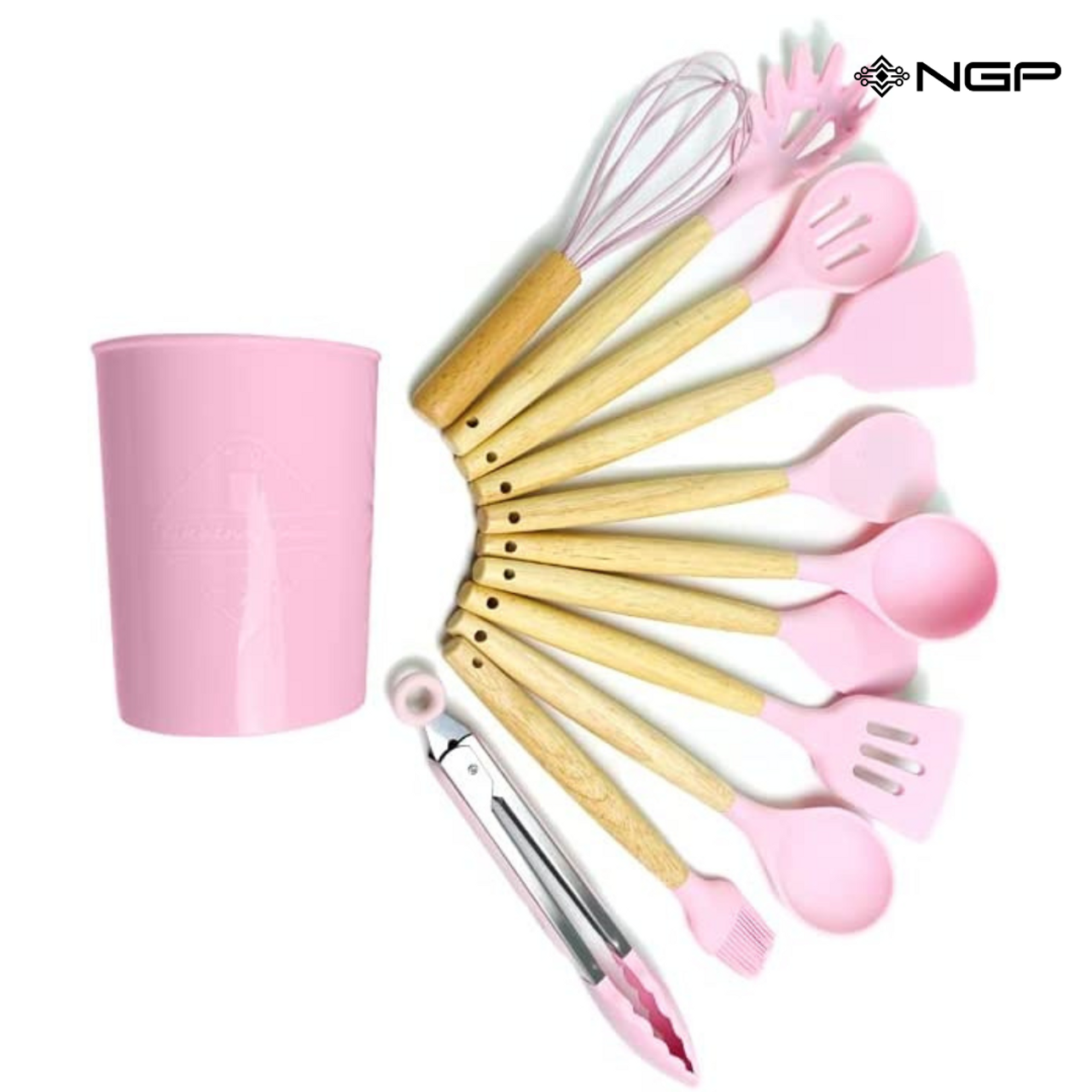 NGP Wooden Handles Kitchen Utensils 12 pcs, Silicone Cooking Utensils Set  Dishwasher Safe, up to 446°F Heat Resistant, BPA Free, Spatula Set Nonstick