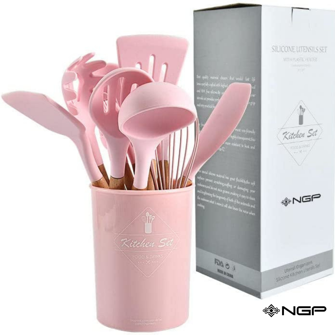 9 Piece Pink Colored Silicone Kitchen Utensils Set with Wooden Handles.  Elyon Tableware - Your Shop for Everything Tableware