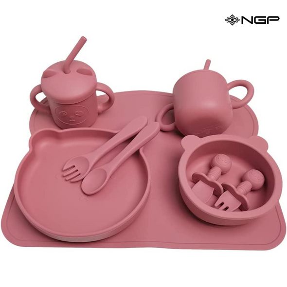 NGP Baby Silicone Feeding Set 11 Pcs Infant Dinnerware with Baby Plate for Baby Silicone Bibs Spoons Fork Straw Sippy Cups Toddler Bowls Dishes Kids Utensils Baby Feeding Supplies (Pink)