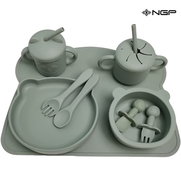 NGP Baby Silicone Feeding Set 11 Pcs Infant Dinnerware with Baby Plate for Baby Silicone Bibs Spoons Fork Straw Sippy Cups Toddler Bowls Dishes Kids Utensils Baby Feeding Supplies (Green)