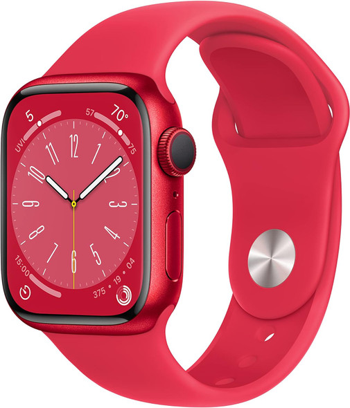 Apple Watch Series 8 GPS 41mm Smart Watch Red Aluminum Case, Product Red Sport Band S/M, Cycle Tracking, Activity Tracker, Voice Control, Heart Rate Monitor - Red