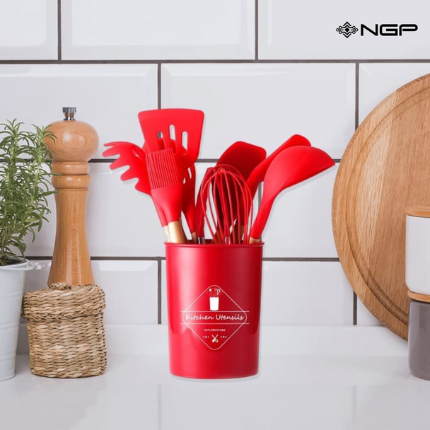 NGP Wooden Handles Kitchen Utensils 12 pcs, Silicone Cooking Utensils Set Dishwasher Safe, up to 446°F Heat Resistant, BPA Free, Spatula Set Nonstick Cookware - Red