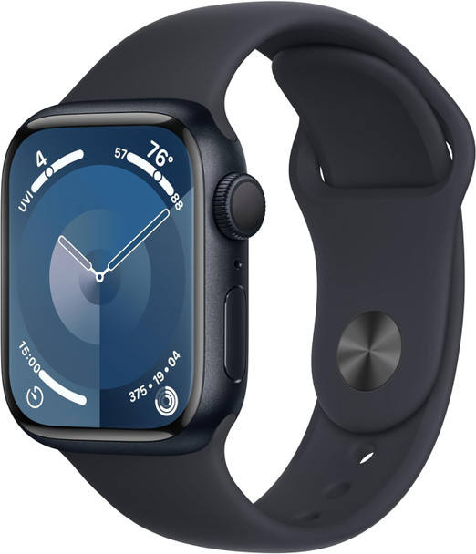 Apple Watch Series 9 GPS 41mm Smart Watch Midnight Aluminum Case, Midnight Sport Band S/M, Cycle Tracking, Activity Tracker, Voice Control, Heart Rate Monitor - Midnight