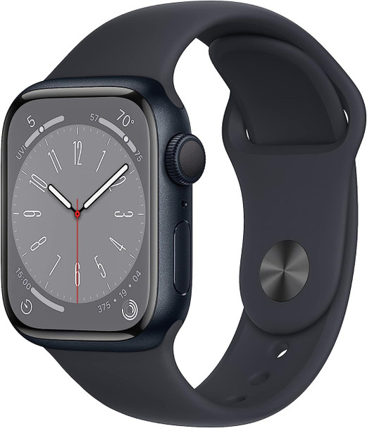 Apple Watch Series 8 GPS 41mm Smart Watch Midnight Aluminum Case, Midnight Sport Band S/M, Cycle Tracking, Activity Tracker, Voice Control, Heart Rate Monitor - Midnight