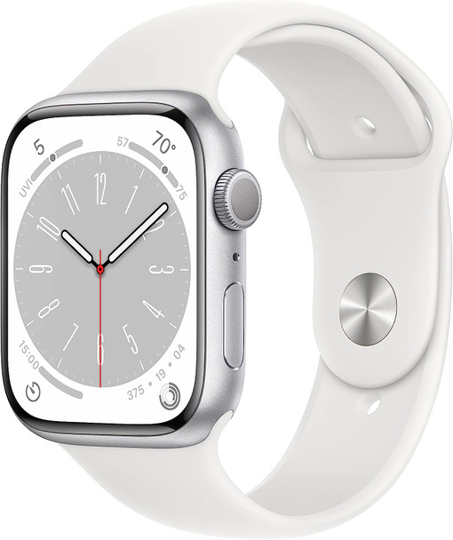 Apple Watch Series 8 GPS 45mm Smart Watch Silver Aluminum Case, White Sport Band S/M, Cycle Tracking, Activity Tracker, Voice Control, Heart Rate Monitor - White