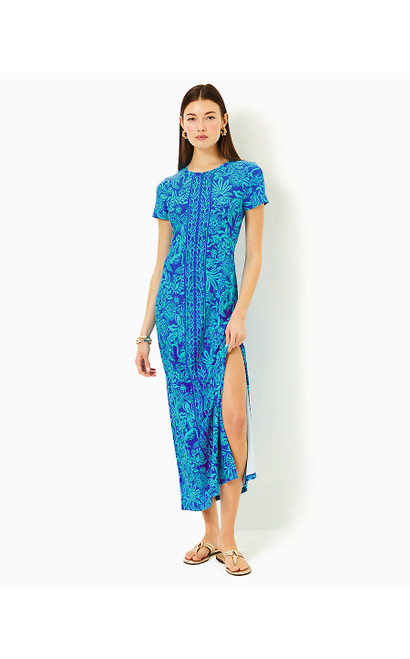 UPF 50+ KADEN MAXI DRESS - MARTINIQUE BLUE JUNGLE OASIS ENGINEERED