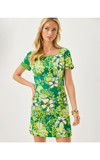 THE SHORT SLEEVED LILLY SHIFT DRESS - FIDDLE LEAF GREEN ONCE AND FLORAL