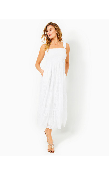 HADLY SMOCKED MAXI DRESS - RESORT WHITE POLY CREPE