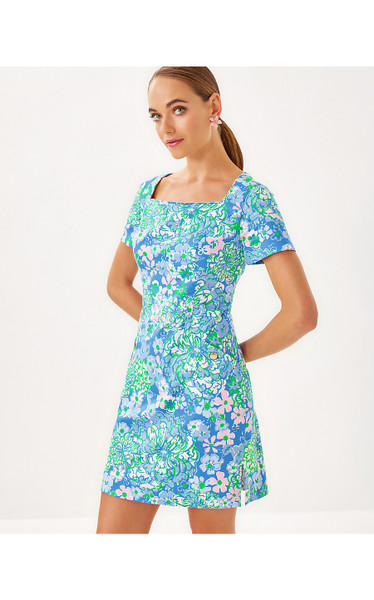 THE SHORT SLEEVED LILLY SHIFT DRESS - SUNWASHED BLUE PLUMES IN BLOOM