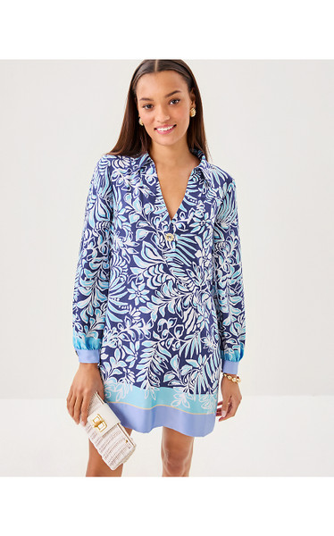IRALANNE LONG SLEEVE POPOVER SHIRTDRESS - SAPPHIRE POOL SUMMER SHORELINES