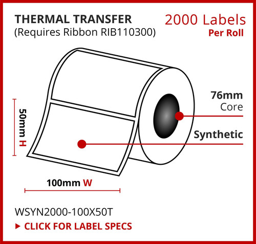 Thermal Transfer, Synthetic Label, 100mm x 50mm, 2000 Labels Per Roll Thermal Transfer, Synthetic Label, 100mm x 50mm, 2000 Labels Per Roll