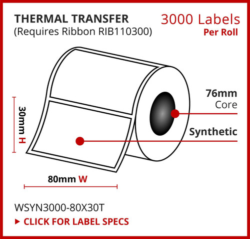 Thermal Transfer, Synthetic Label, 80mm x 30mm, 3000 Labels Per Roll Thermal Transfer, Synthetic Label, 80mm x 30mm, 3000 Labels Per Roll