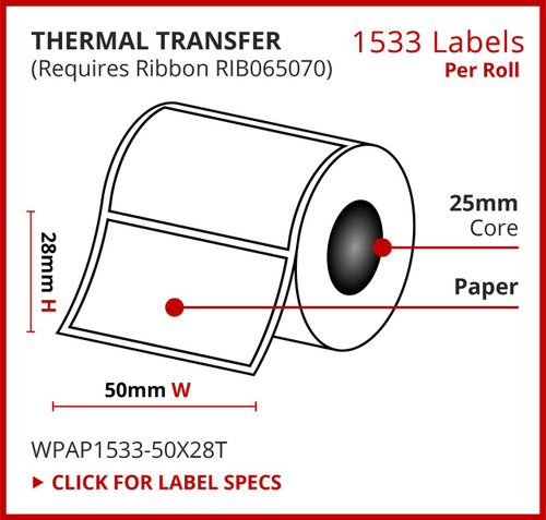 Thermal Transfer, Paper Label, 50mm x 28mm, 1533 Labels Per Roll Thermal Transfer, Paper Label, 50mm x 28mm, 1533 Labels Per Roll