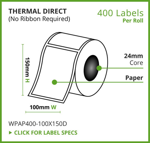 Thermal Direct, Paper Label, 100mm x 150mm, 400 Labels Per Roll