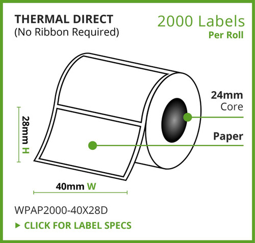 Thermal Direct, Paper Label, 40mm x 28mm, 2000 Labels Per Roll Thermal Direct, Paper Label, 40mm x 28mm, 2000 Labels Per Roll