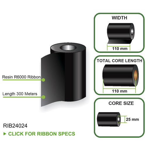 Resin R6000 Ribbon, Length 300M, Width 110mm, Core Length 110mm, Core Size 25mm Resin R6000 Ribbon, Length 300M, Width 110mm, Core Length 110mm, Core Size 25mm