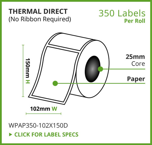 Thermal Direct, Paper Label, 102mm x 150mm, 350 Labels Per Roll