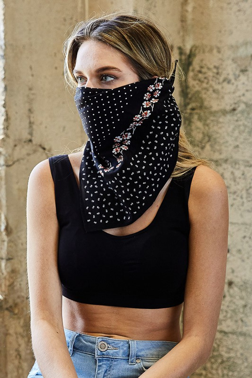 Dot & Floral Border Print Bandana - Black - Farron Elizabeth