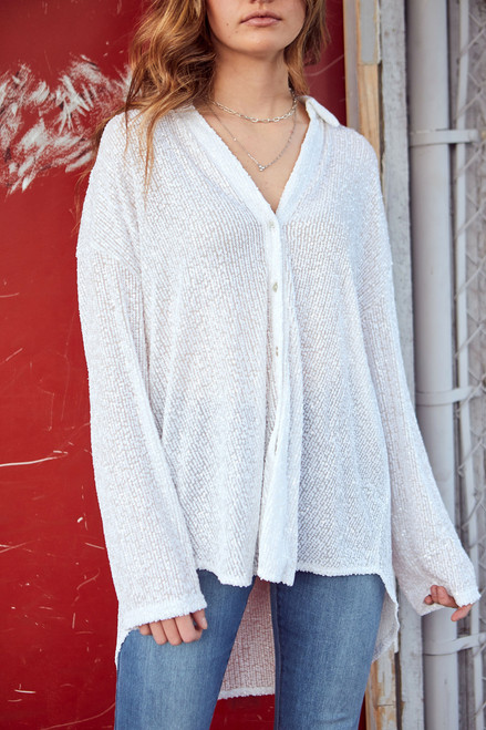  Sequin Button Down Top - White