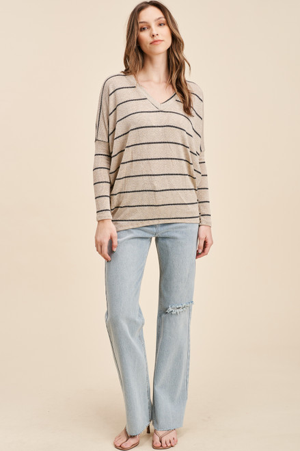 V-Neck Striped Dolman Top - Taupe