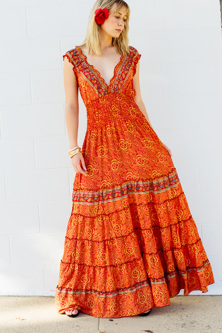 Recycled Sari Cap Sleeve Dress - Red