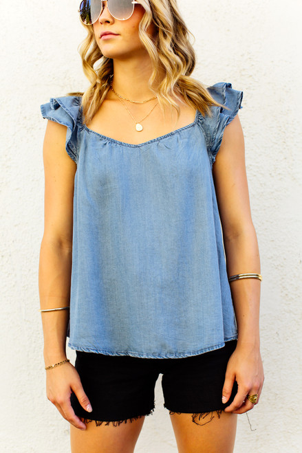 Chambray Ruffle Sleeve Top - Blue