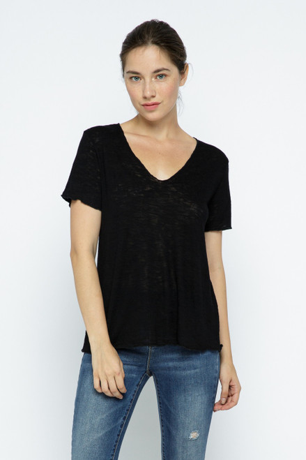 Slubby V Neck Split Center Tee - Black