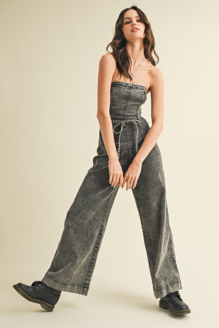 Strapless Denim Jumpsuit - Washed Charcoal