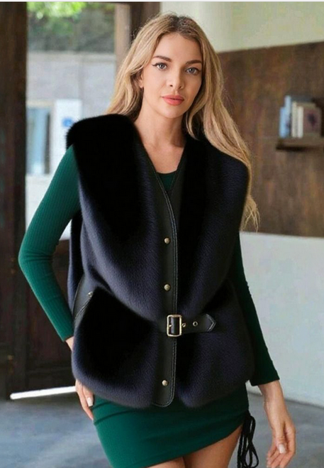Belted Fur Vest - Black