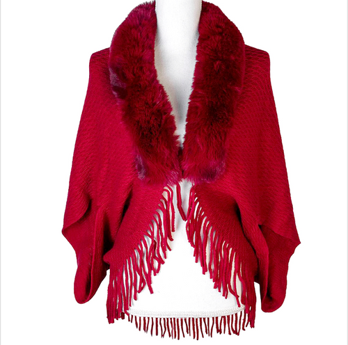 Fur Fringe Poncho - Red